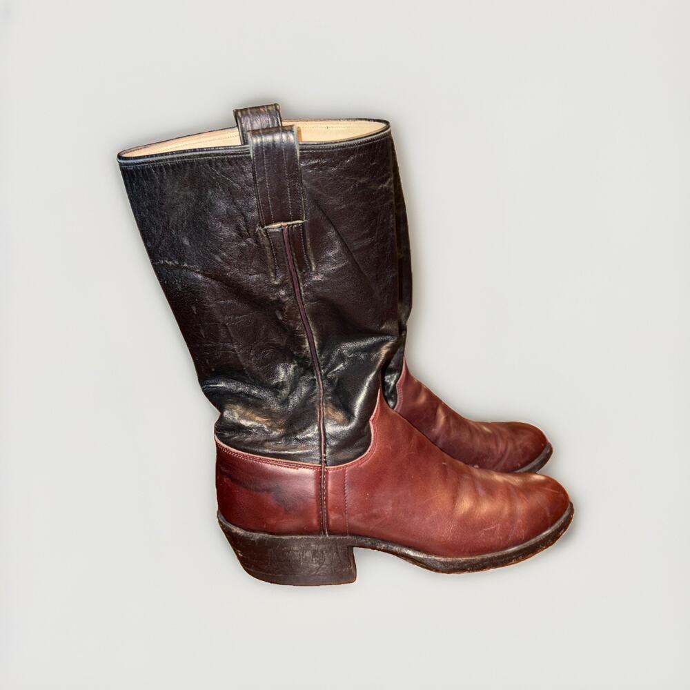 Vintage M.L. Leddy Custom Handmade Black Leather Cowboy Boots Men’s Size 9.5C